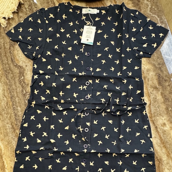 NWT- Blue & Khaki Bird Print Button 100% Cotton Short Sleeve Dress - Picture 1 of 2